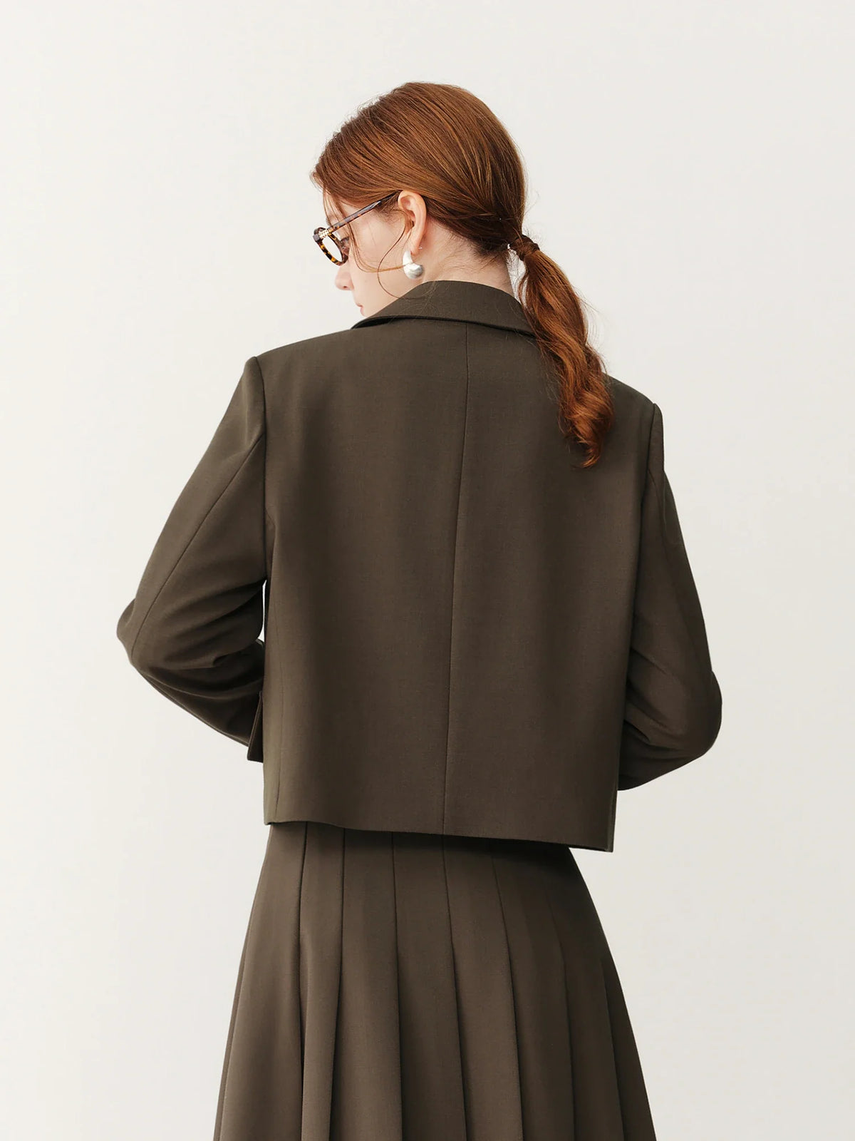 FSLE 2026 Fall Women's Korean-Inspired Petite Cropped Camel Acetate Lyocell Blend Blazer - Chic Office Commute Outerwear