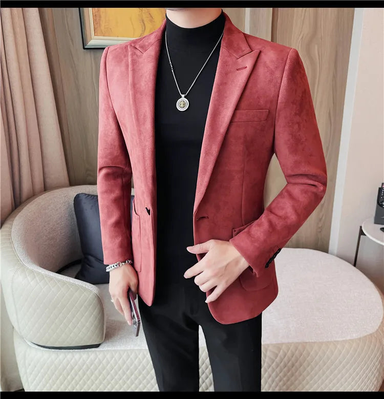2024 Autumn Winter Men's Suede Suit Jacket High End Business Casual Blazers Slim Fit Wedding Groom Street Wear Social Dress Coat