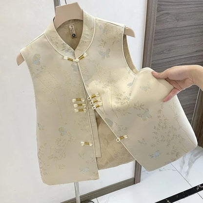 Chinese Style Vest Jacket Women's Spring Autumn 2026 New Sleeveless Coat New Buckle Thin Waistcoat Ladies Fashion Cardigan Tops