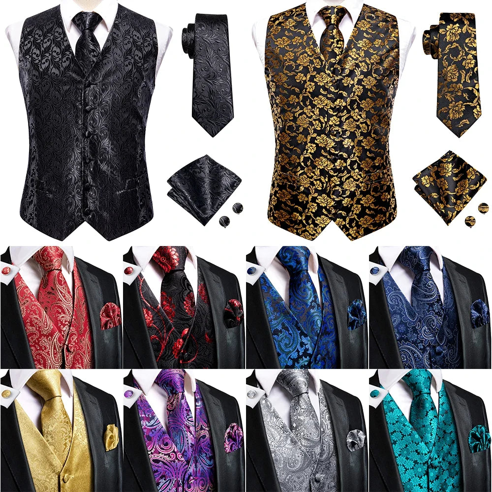 Men's Vest Paisley Jacquard Set with Necktie Pocket Square and Cufflinks for Weddings and Formal Events
