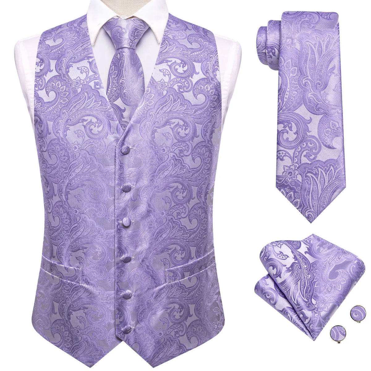 Men's Suit Vest Set – Floral Jacquard Waistcoat with Tie, Hanky & Cufflinks for Weddings & Formal Events