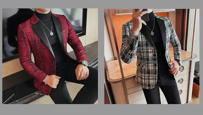 British Style Woven Suit Jacket Men Fashion Plaid Casual Business Blazer Gentleman Versatile Banquet Party Groom Wedding Coats