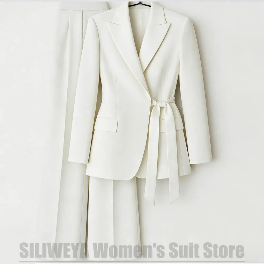 Elegant Women's Suit with Satin Peak Lapel Bow Tie Waist Blazer and Wide Leg Pants Business Wedding Party Tuxedo Two Piece