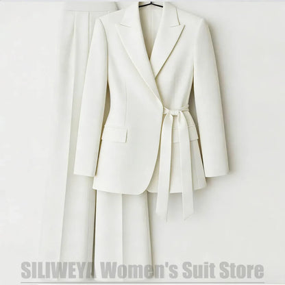 Elegant Women's Suit with Satin Peak Lapel Bow Tie Waist Blazer and Wide Leg Pants Business Wedding Party Tuxedo Two Piece