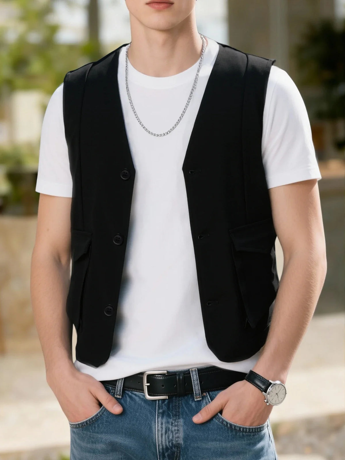 Men's Vest Solid Black Slim Fit V-Neck Single Breasted Sleeveless Waistcoat