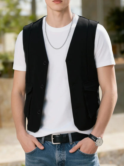 Men's Vest Solid Black Slim Fit V-Neck Single Breasted Sleeveless Waistcoat