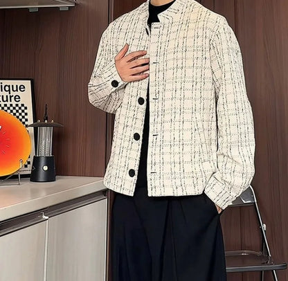 Men's Spring High-End Plaid Blazer Bad Boy Style Cropped Jacket Chinese Stand Collar Suit Outerwear