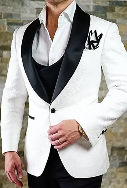 Men wedding Suits Pattern and Black Groom Tuxedos Shawl Satin Lapel Groomsmen Wedding Best Man ( Jacket+Pants+Vest)