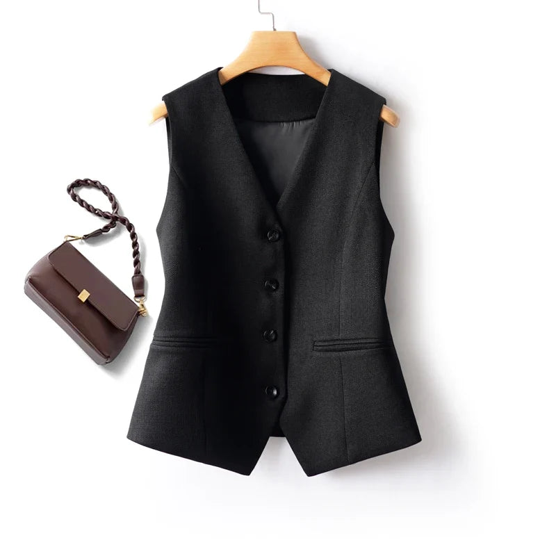 Fashionable Sleeveless Suit Vest for Women in Spring and Autumn Single-Breasted Short V Neck Top Layered with Workplace Elegant W