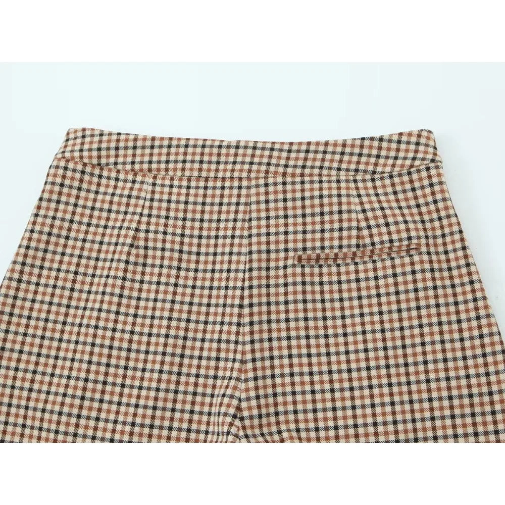 Stylish Plaid Pant Suits for Women New in Commuting Style Two Pieces Straight Plaid Blazer Matching Tonal Pleated Wide Leg Pants