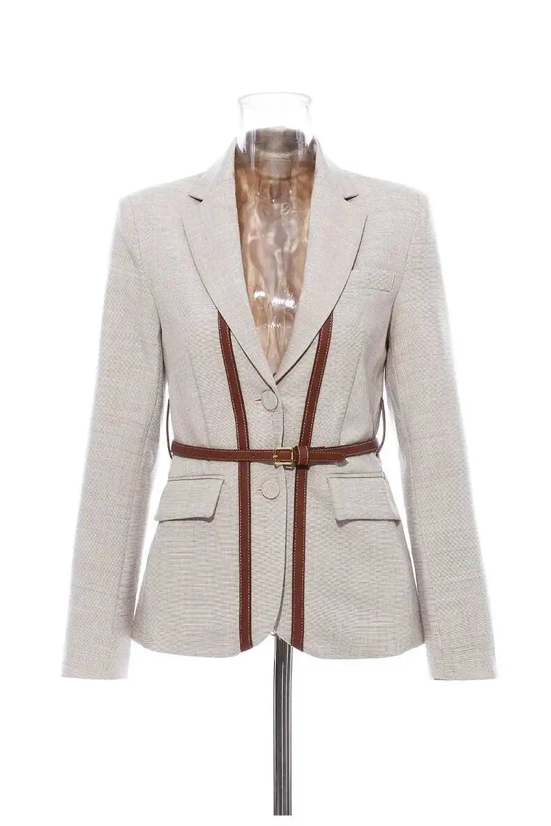 Women Blazer Contrast Color Spliced PU Leather Belted Slim Fit Single Breasted Elegant Urban High-end Jacket Spring HK10667
