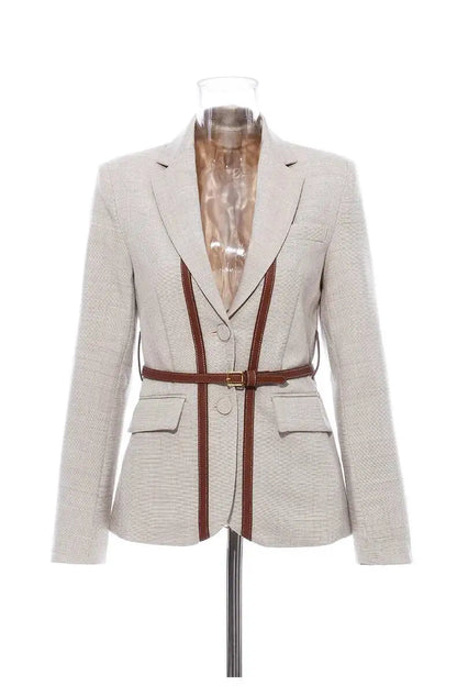 Women Blazer Contrast Color Spliced PU Leather Belted Slim Fit Single Breasted Elegant Urban High-end Jacket Spring HK10667