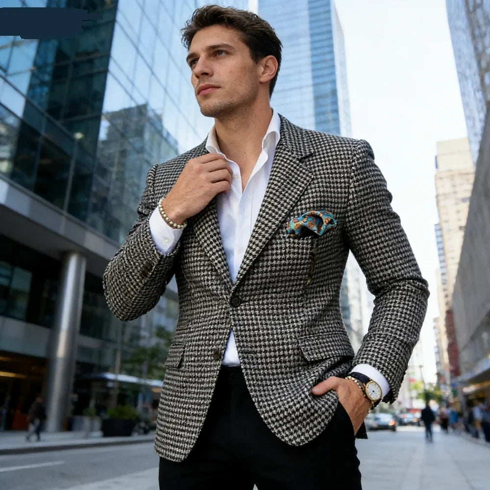 Casual Single Breasted Plaid Suits Blazer Slim Fit Houndstooth Check Wedding Groom Tuxedo Jacket Fashion Men Clothes One Coat