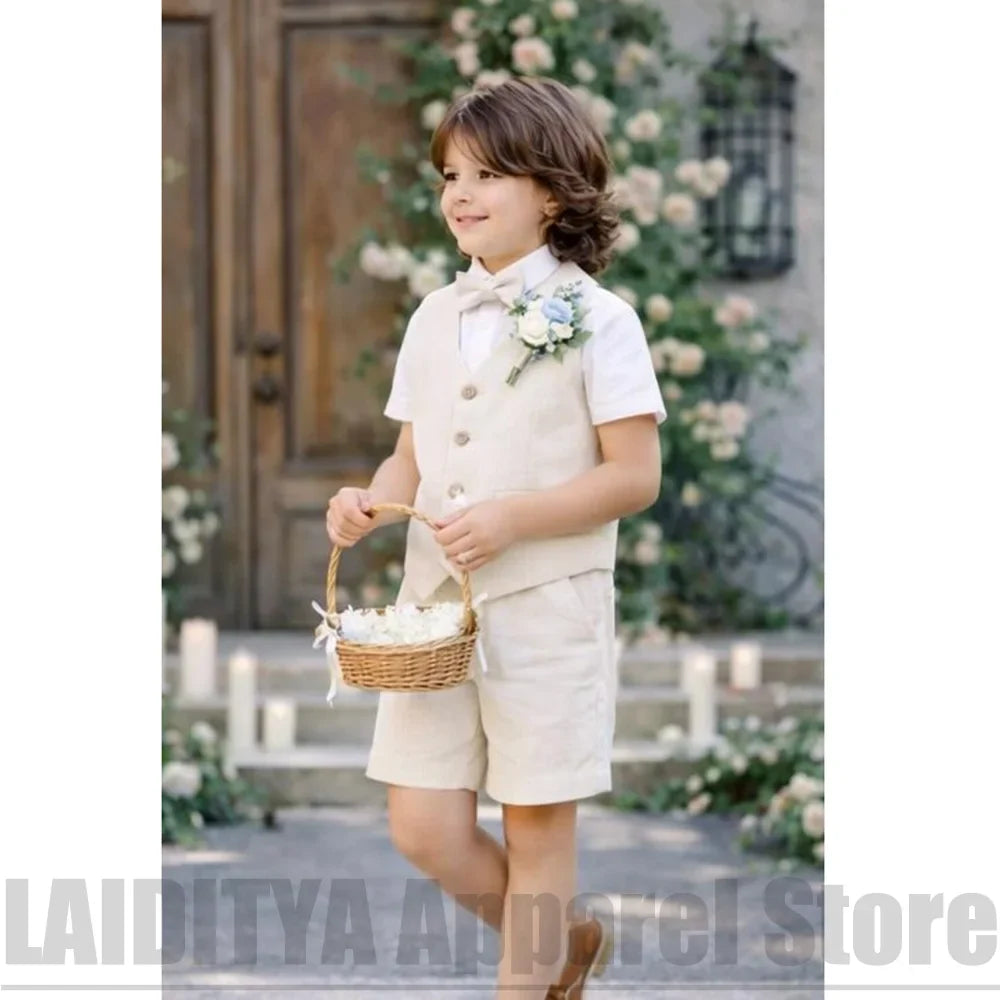 Beige Linen Boys Vest Shorts Suit 2 Piece Kids Summer Wedding Page Boy Outfit Casual Formal Birthday Gentleman Short Set