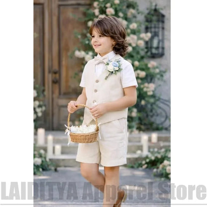 Beige Linen Boys Vest Shorts Suit 2 Piece Kids Summer Wedding Page Boy Outfit Casual Formal Birthday Gentleman Short Set