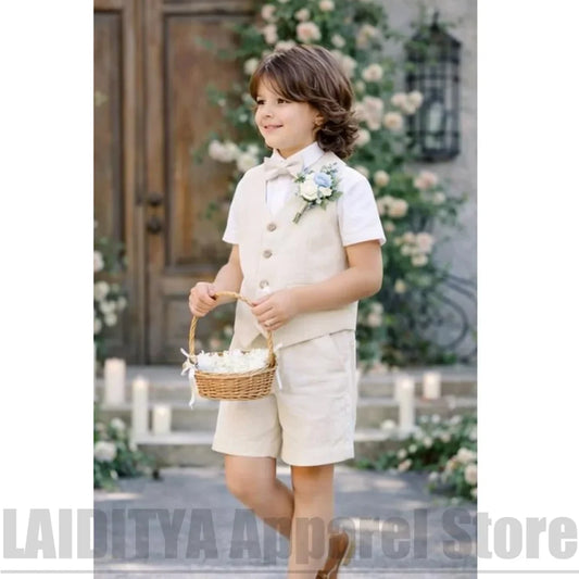 Beige Linen Boys Vest Shorts Suit 2 Piece Kids Summer Wedding Page Boy Outfit Casual Formal Birthday Gentleman Short Set