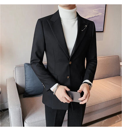 Autumn Pin Decoration Men Blazers Casual Suit Jacket Single Breasted Streetwear Social Business Dress Coat Wedding Groom Jacket