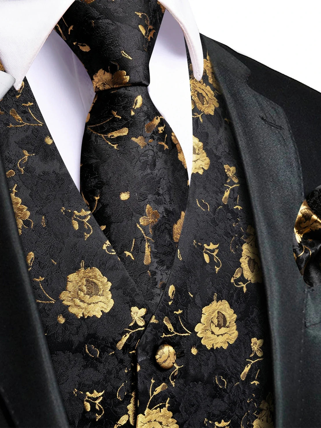 Men's Waistcoat Set Jacquard Floral Black Yellow Formal Wedding Tuxedo