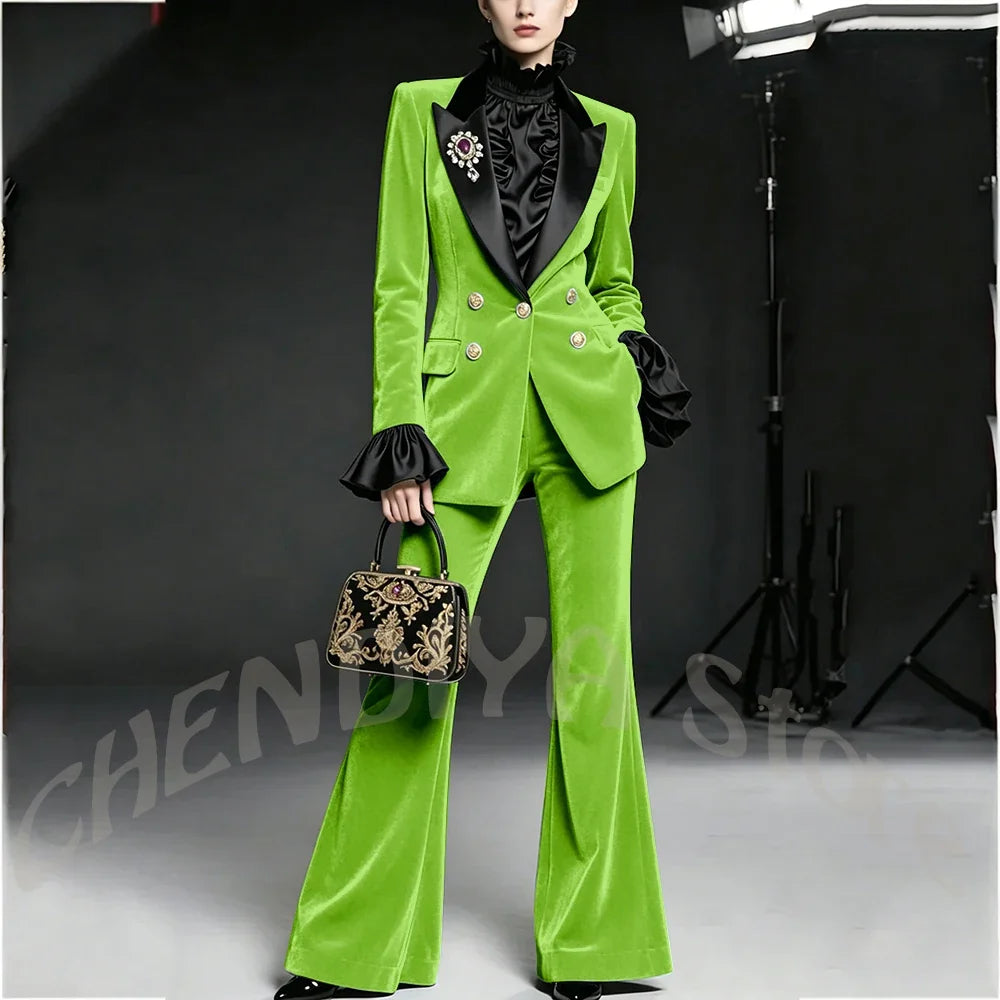 Wine Red Women Suit Stylish Velvet Elegant Outfit Peaked Lapel Blazer Pants Evening Party Prom Female Clothing Two Pieces