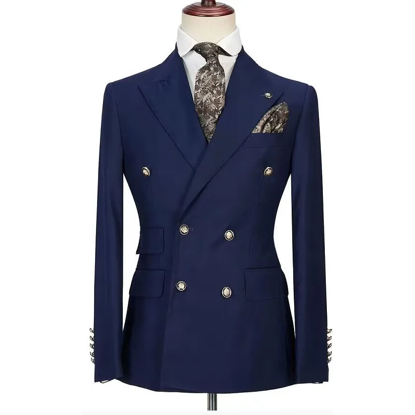 Fashion Navy BluBusiness Blazer Wedding Men Solid Peak Lapel Casual Suit Jacket Formal Male Fashion Suit Coat Traje De Hombre