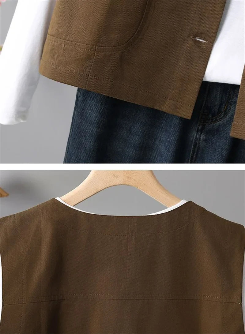 Spring Femme Fashion Vest Outwear Retro Ladies Solid Color Casual Sleeveless Jacket Autumn Women Round Neck Loose Waistcoat Coat