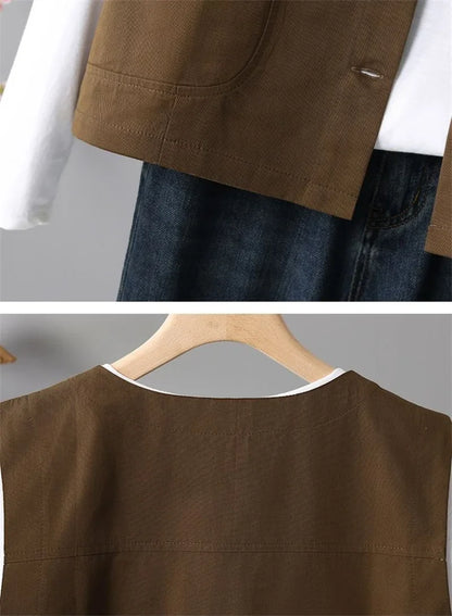 Spring Femme Fashion Vest Outwear Retro Ladies Solid Color Casual Sleeveless Jacket Autumn Women Round Neck Loose Waistcoat Coat