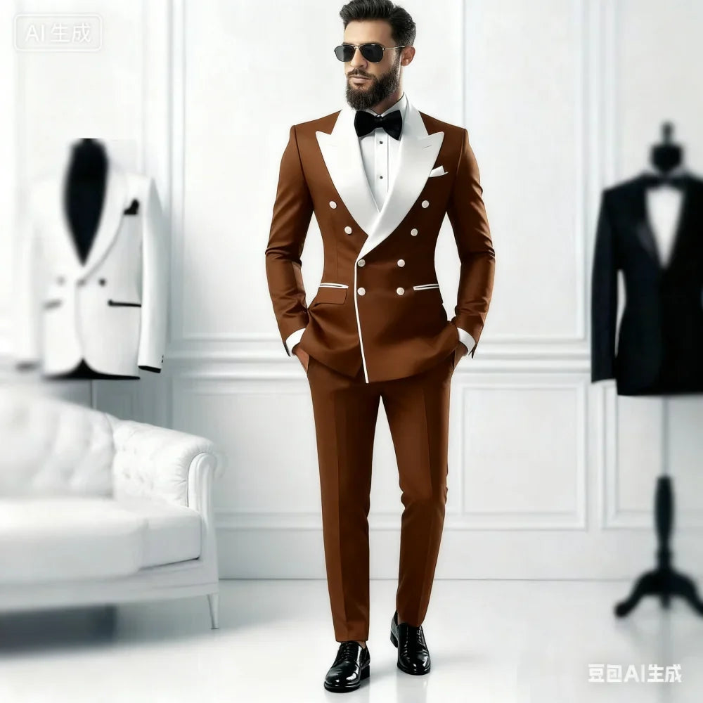 Ensemble décontracté 2 pièces pour homme avec blazer à revers blanc et pantalon noir Costume de mariage pour témoins pour cérémonie et fête