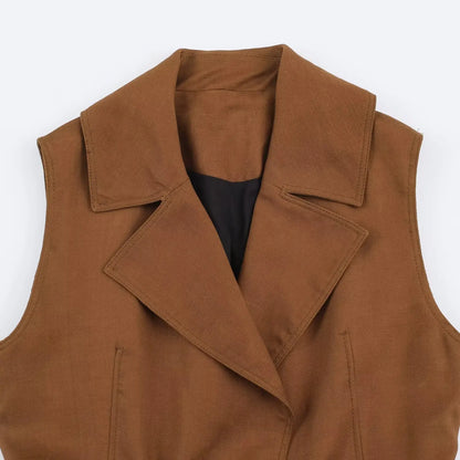 2026 Vintage Fashion Brown Sleeveless Trench Vest Lapel Collar Belted Waist Drawstring Sleeveless Waistcoat With Pockets