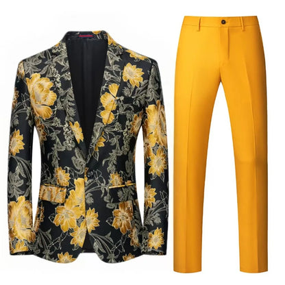 Men Suit 2 Pieces Orange Flower Pattern One Button Business Casual For  Wedding Birthday Party Set Jacket And Pants