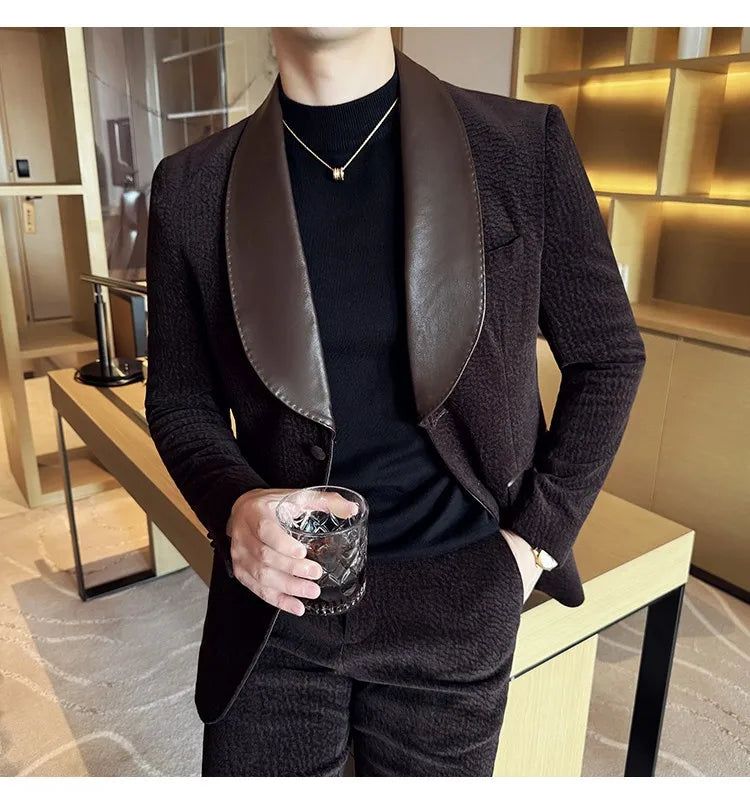 British Style PU Patchwork Suit for Men Casual Business Wedding Suits 2 Pieces Set (jacket+pant) Office Work Party Prom Suit