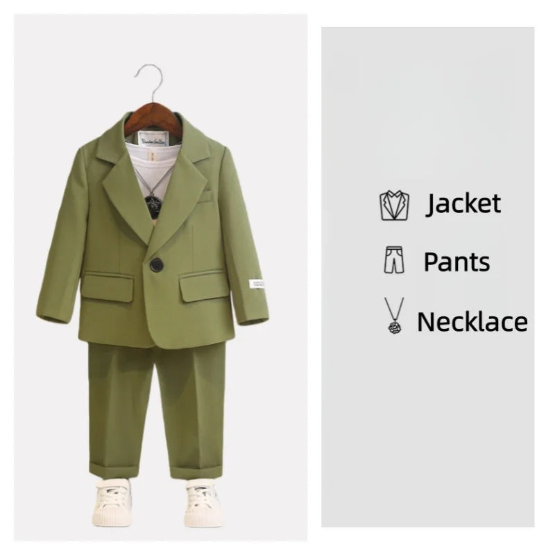 Children's Spring Autumn Piano Host Performance Costume Flower Girl Wedding Dress Kids Jacket Pants Necklace 3Pieces Suit Set