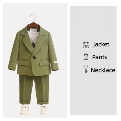 Children's Spring Autumn Piano Host Performance Costume Flower Girl Wedding Dress Kids Jacket Pants Necklace 3Pieces Suit Set