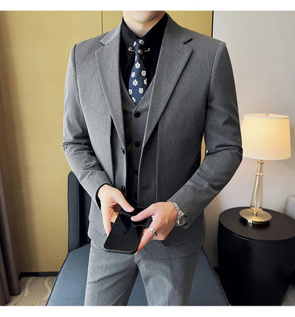 British Style Fake Two-piece Suit Set Men's Wedding Groom Dress 3 Piece Set Suit Vest Trousers Slim Office Business Casual Suits
