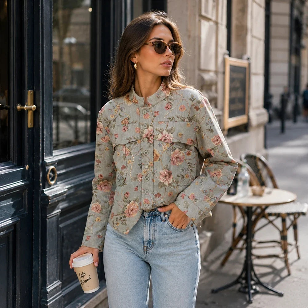 Elegant Chic Jacquard Blazers for Women New Spring & Autumn Raised Collar Buttoned Blazers with Asymmetric Hem and Patch Pockets