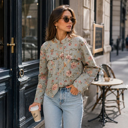 Elegant Chic Jacquard Blazers for Women New Spring & Autumn Raised Collar Buttoned Blazers with Asymmetric Hem and Patch Pockets