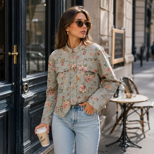 Elegant Chic Jacquard Blazers for Women New Spring & Autumn Raised Collar Buttoned Blazers with Asymmetric Hem and Patch Pockets