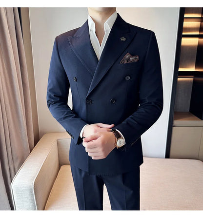 (Blazer + Trousers) Fashion Double Breasted Design Slim Men's Suit Italian Style Luxury Wedding Social Party Tuxedo 2 Piece Set