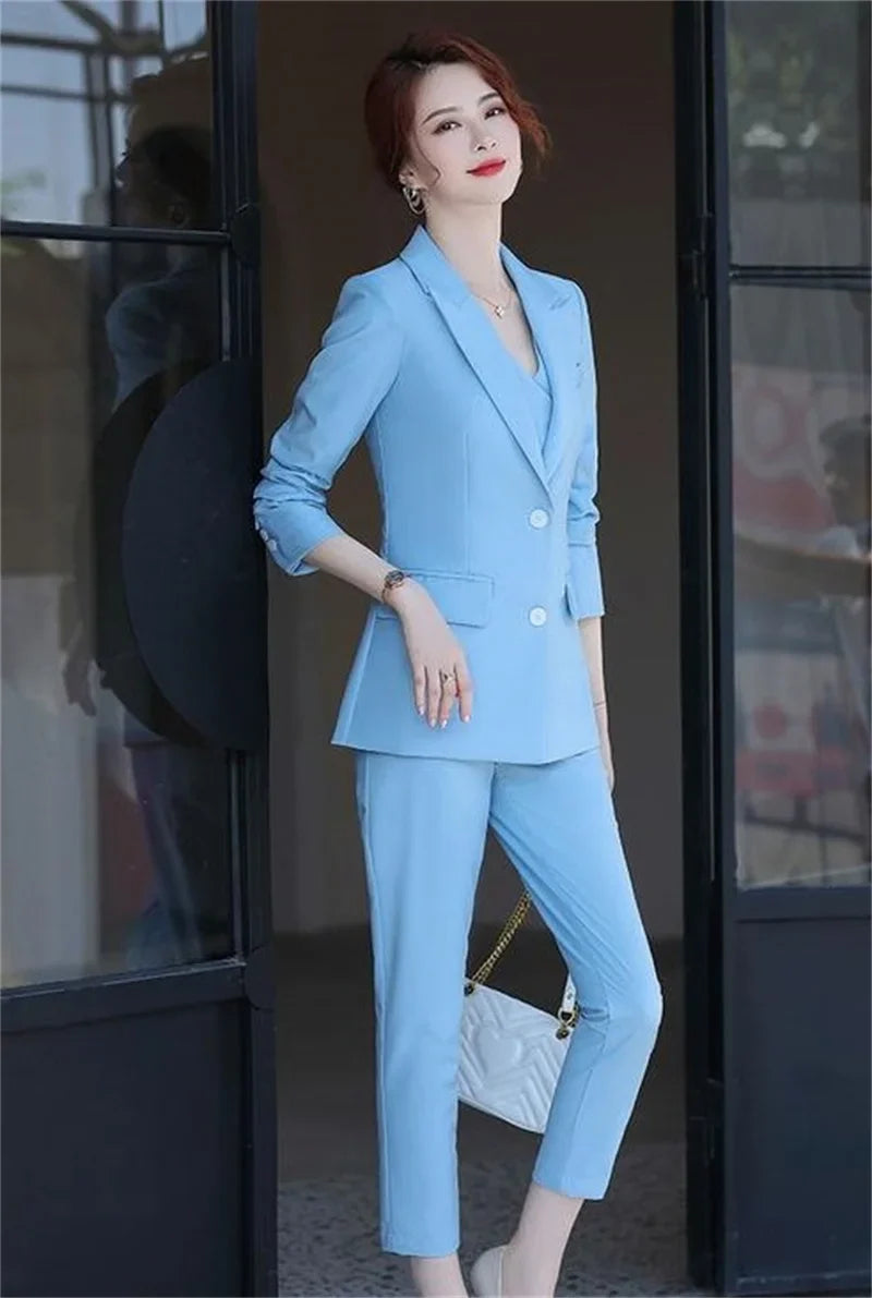 Lady Solid Lapel Blazer Suit Full Sleeve V-neck Single Breasted Straight Leg Pants Suits 2026 Fashion New Office Commute Outfit