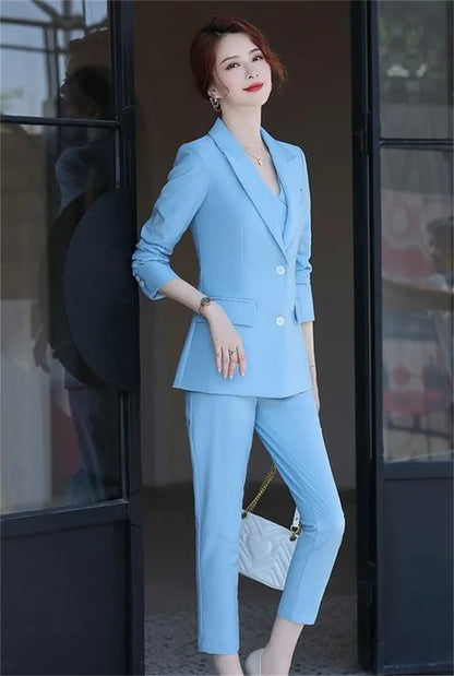 Lady Solid Lapel Blazer Suit Full Sleeve V-neck Single Breasted Straight Leg Pants Suits 2026 Fashion New Office Commute Outfit
