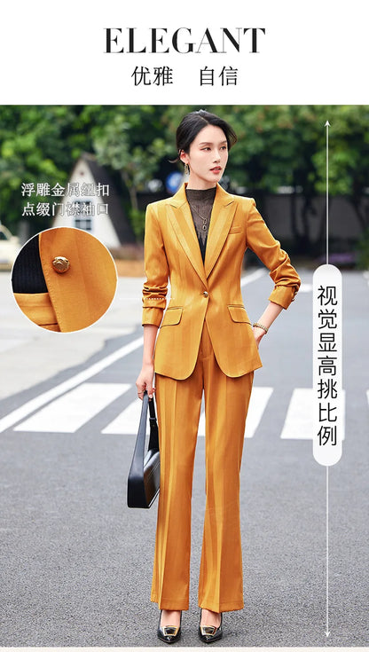 Women Blazer Pants Sets Yellow Two Pieces 2024 Autumn Workwear Trousers Formal Striped Navy Blue Long Sleeve Tops Pantsuit