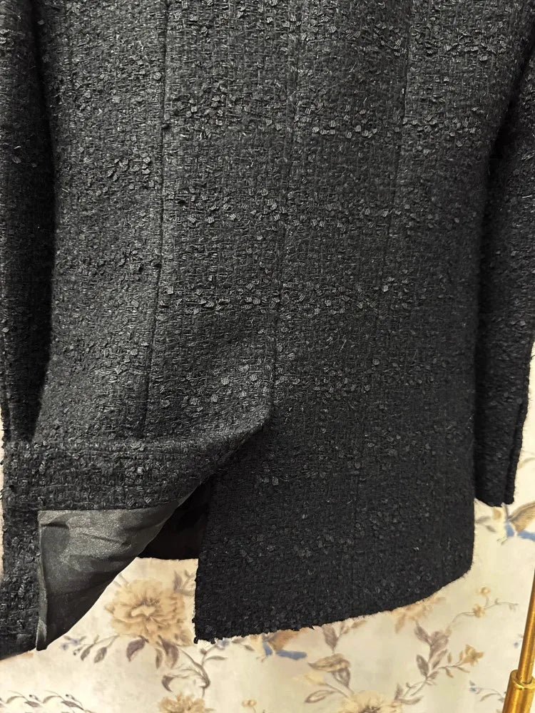 Double Breasted Office Ladies Elegant Black Tweed Jacket Mid Length Fashion Coat Spring Autumn Lapel Straight Women Suit Jacket