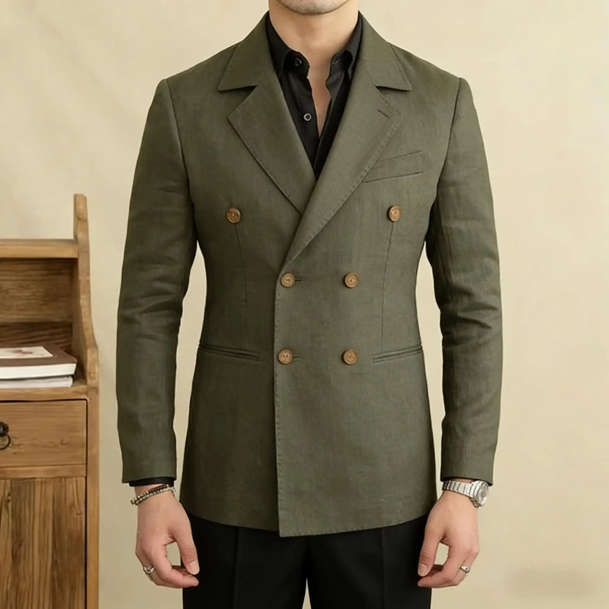Vintage Men's Linen Blazer Double Breasted Peak Lapel Slim Fit Jacket Breathable Soft Wrinkle Free Business Casual Men Suit Coat