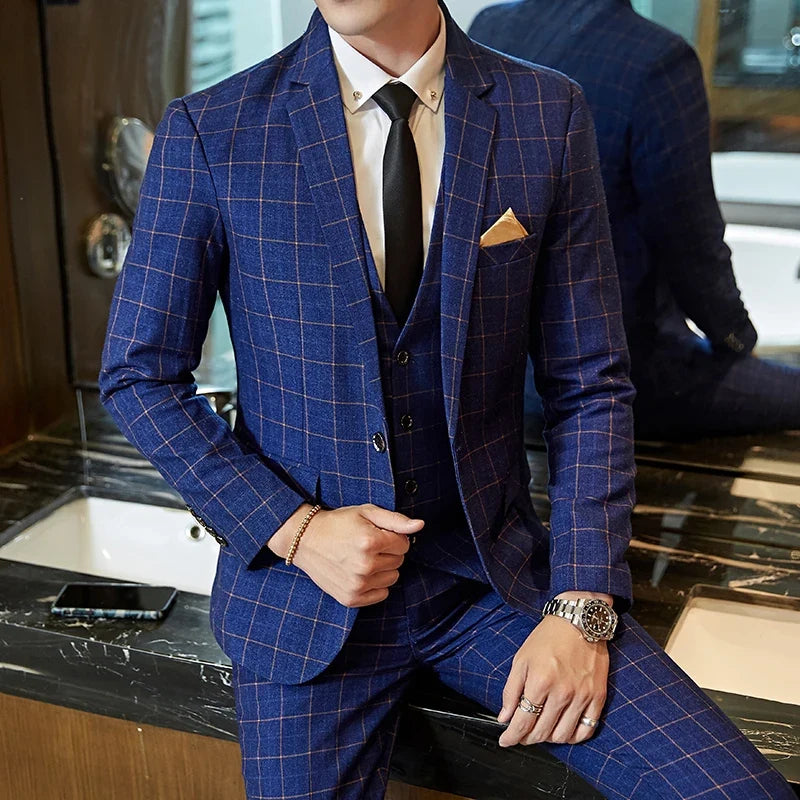 Men's Suit Two-Piece Set – Casual Plaid Single-Breasted Slim Fit for Wedding & Business