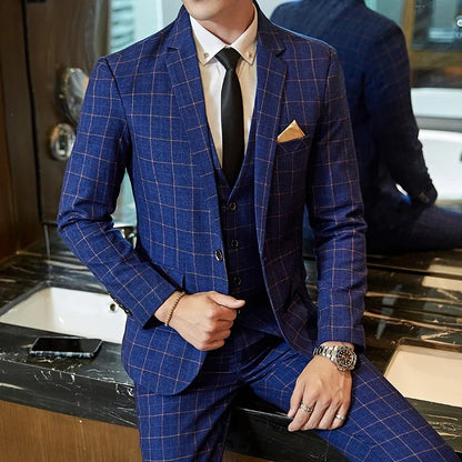 Men's Suit Two-Piece Set – Casual Plaid Single-Breasted Slim Fit for Wedding & Business