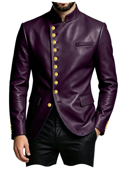 Luxury PU Men's Suit Blazer Single Breasted Stand Collar Slim Fit Leather Jacket Vintage High Quality Business Party Male Tuxedo