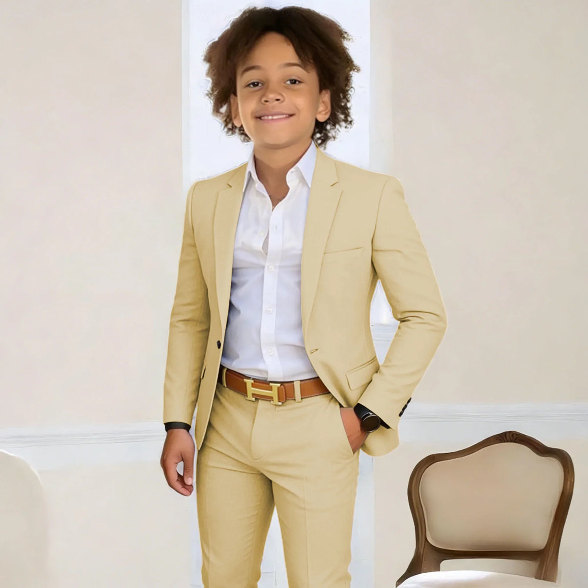 Suit For Boys 2-16 Years Blazer Pant Set 2 Piece Slim Fit Casual Beige Wedding Suit Set Birthday Stage Performance Costumes