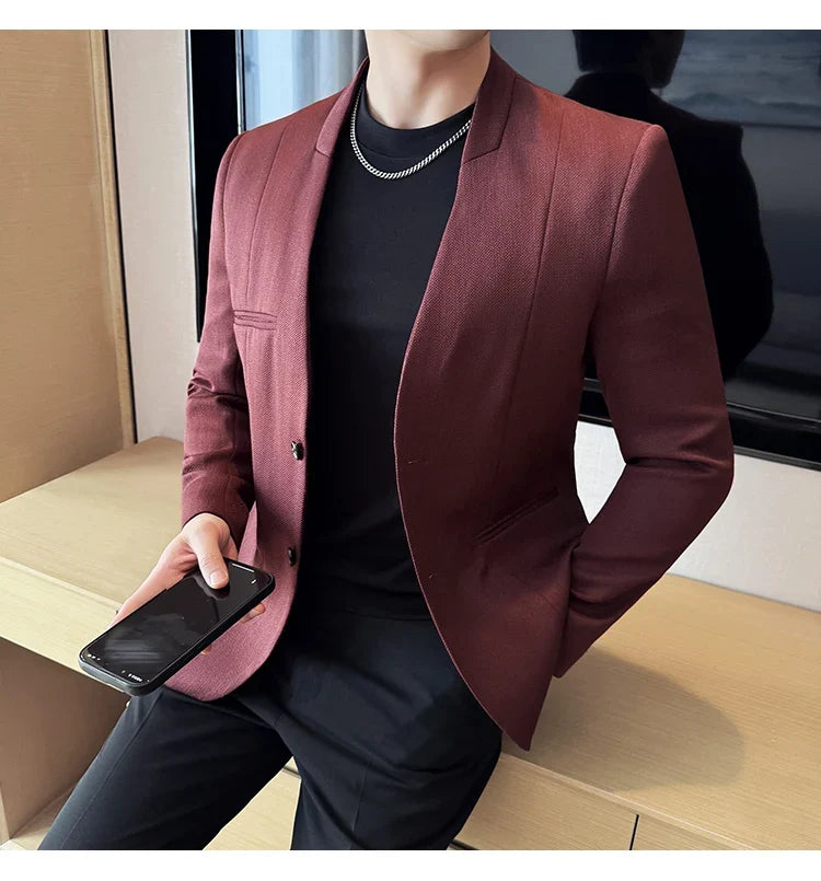 Chinese Style Collarless Suit Jacket Men Fashion Slim Fit Versatile Blazers Male Casual Business Wedding Groom Dress Jacket 2025