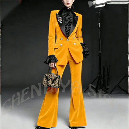 Wine Red Women Suit Stylish Velvet Elegant Outfit Peaked Lapel Blazer Pants Evening Party Prom Female Clothing Two Pieces