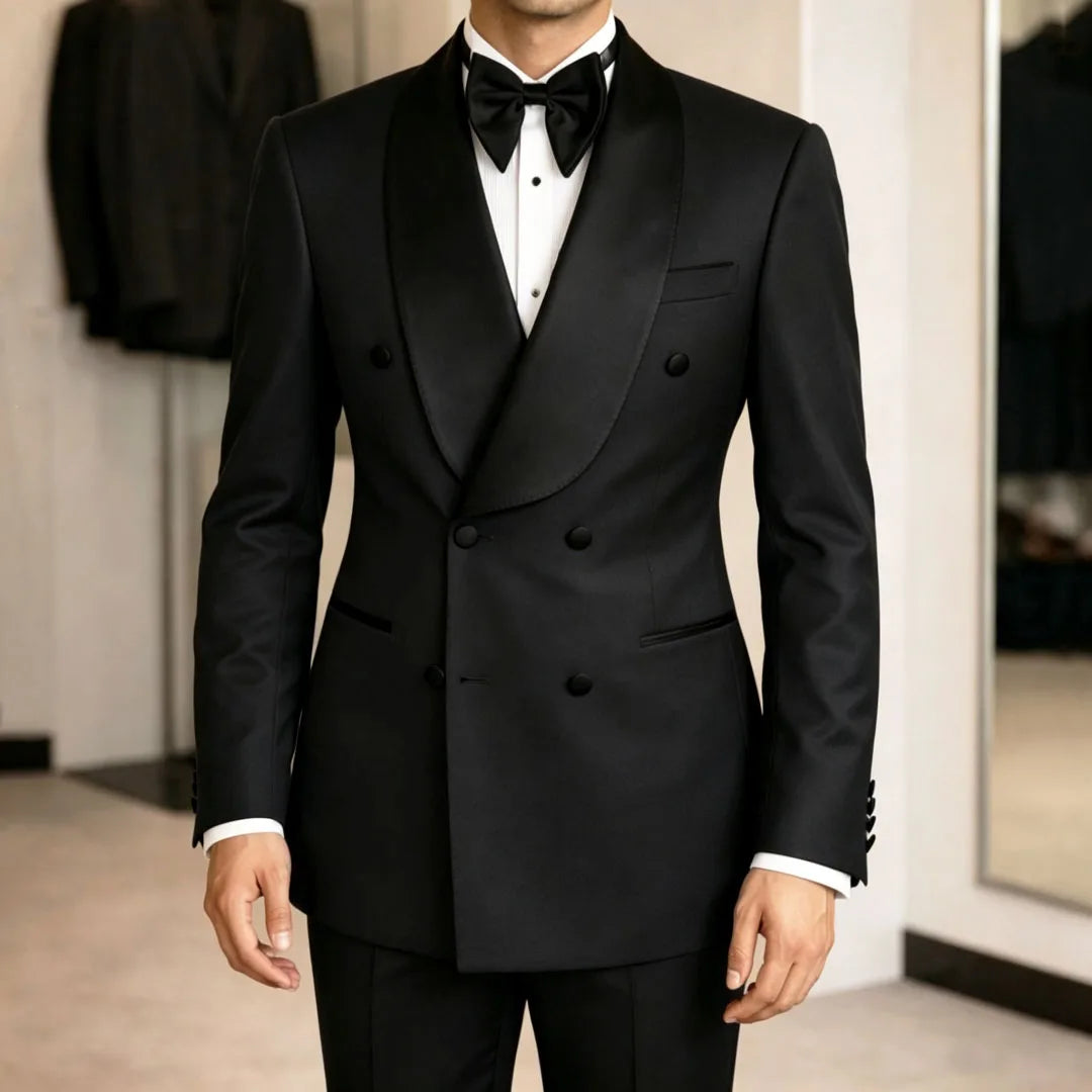 Men Suit Yellow 2 Pieces Double Button With Black Lapel For Wedding Birthday Banquet Party Business Work Office Jacket Pants