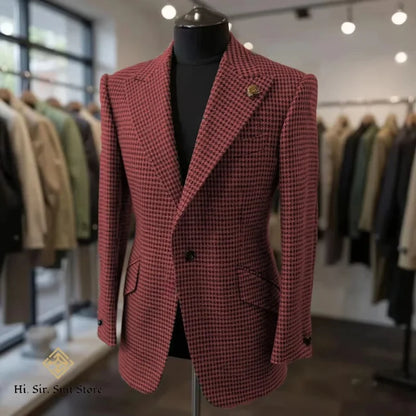Houndstooth Blazer Men Slim Fit Plaid Suit Jacket Tuxedo One Button Peak Lapel Business Casual Wedding Prom Sport Coats Hot Sale